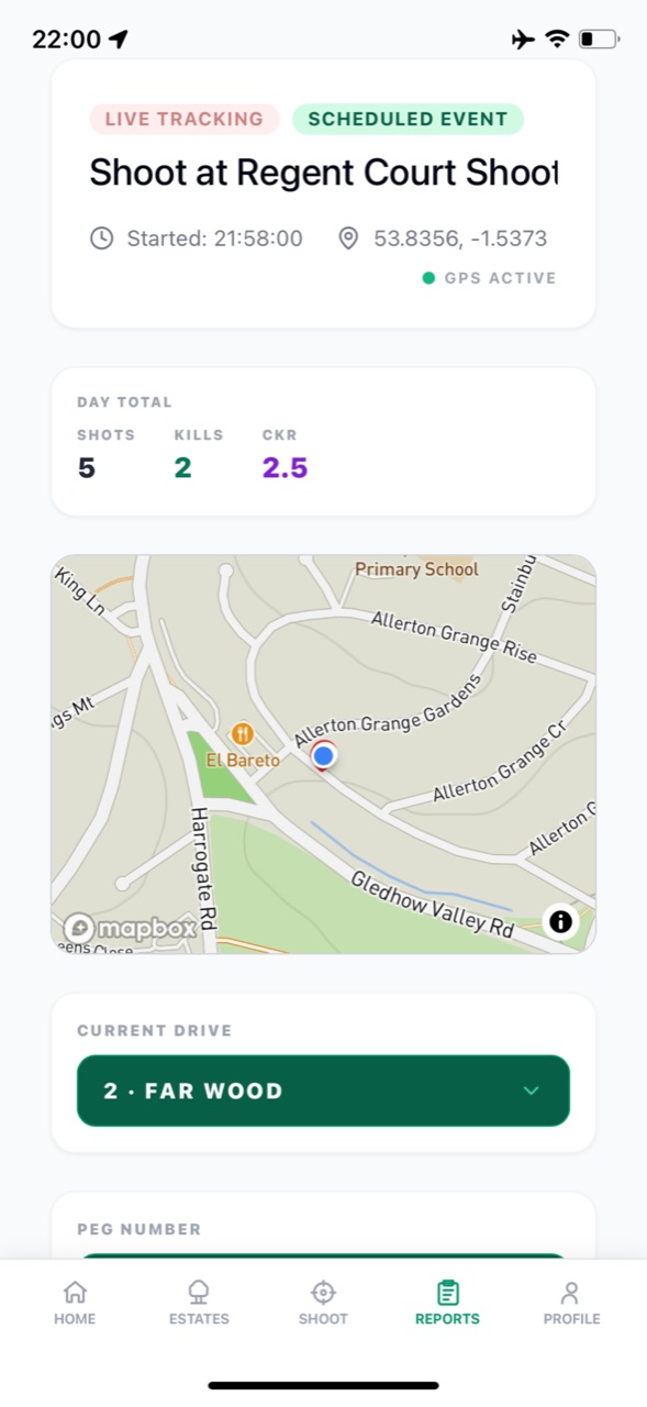 Live shoot tracking with GPS map, day totals and current drive