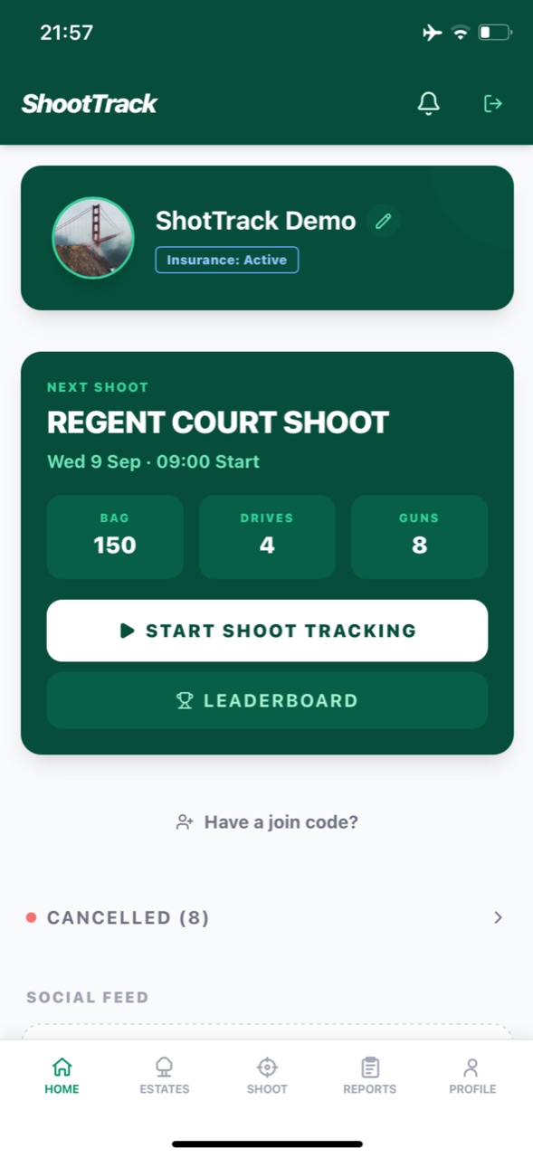 ShootTrack home screen showing your next shoot with bag target, drives and guns