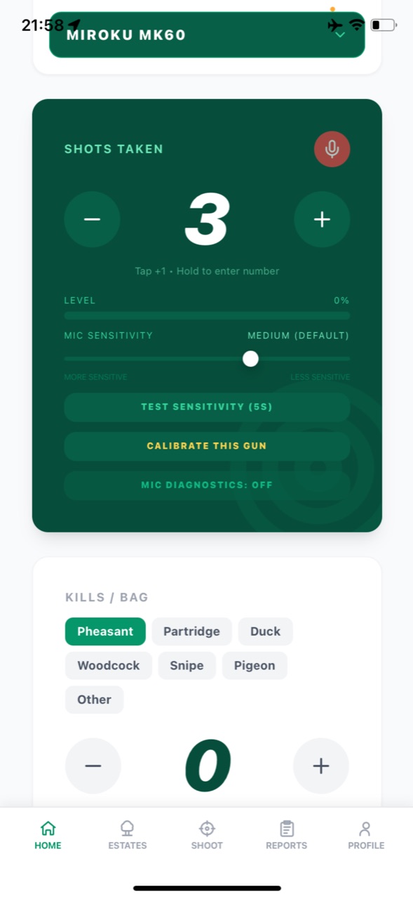 Automatic shot counter with microphone sensitivity and per-gun calibration