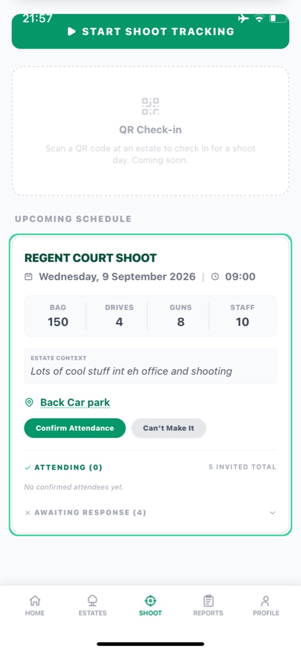 Shoot day schedule with attendance confirmation and QR check-in