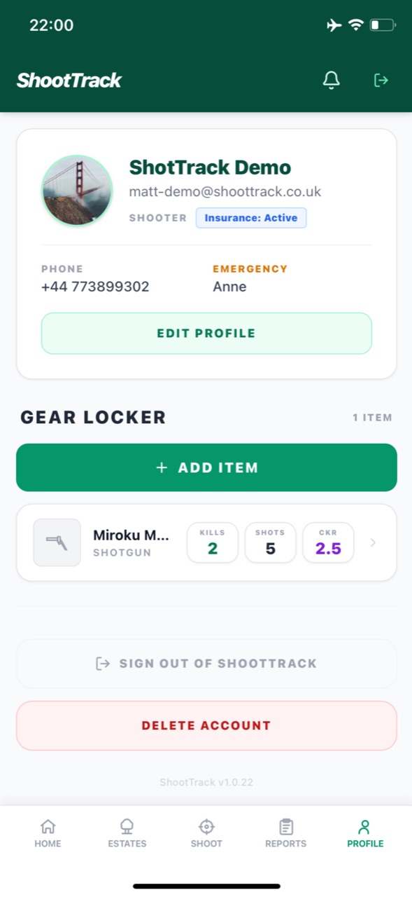 Profile with gear locker showing shots, kills and cartridge-to-kill ratio per gun